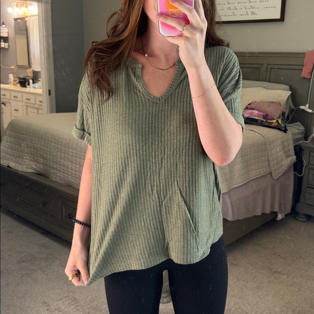 Green Ribbed V-Neck T-Shirt